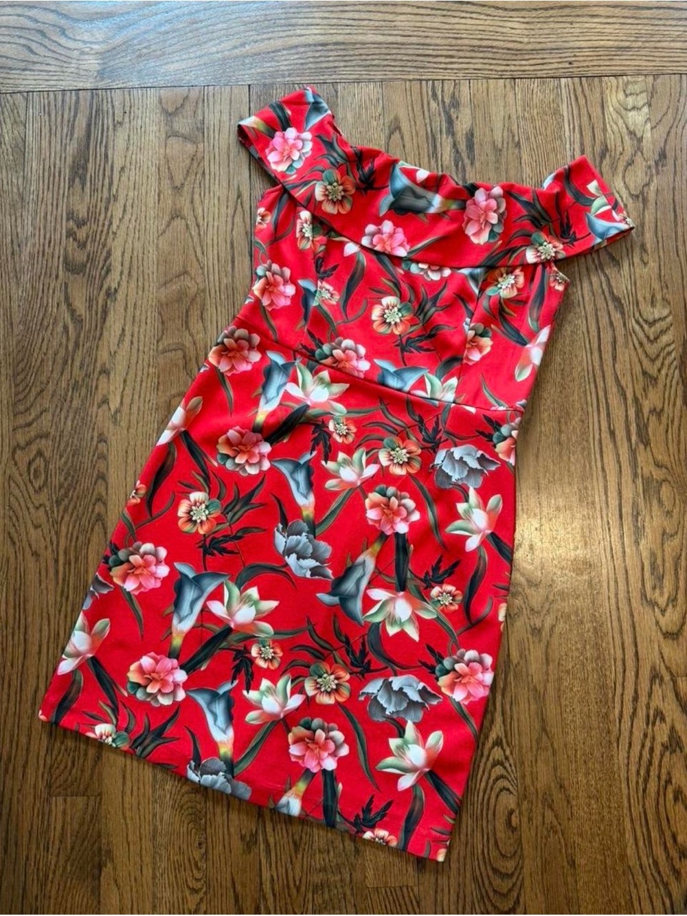 Red Floral Off-Shoulder Sheath Dress